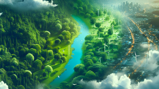 Слева чистая природа, зелёная леса. Посередине протекает река. Справа от реки ветрогенераторы. А дальше город со смогом.