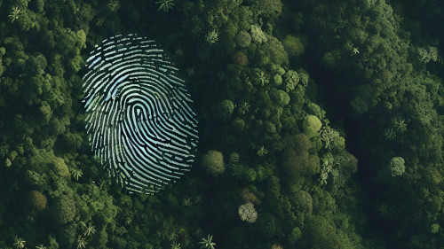 Отпечаток человеческого пальца на аэрофотоснимке тропического леса. Символизирует углеродный след человека.